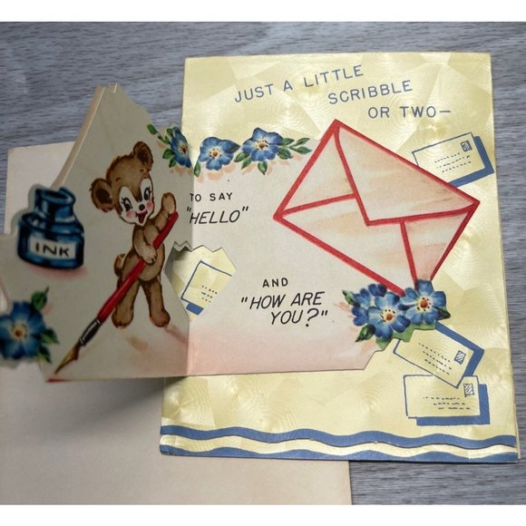 Greeting Card Thinking of You Diecut Anthropomorphic Bear Writing Letter Ink - Picture 2 of 7